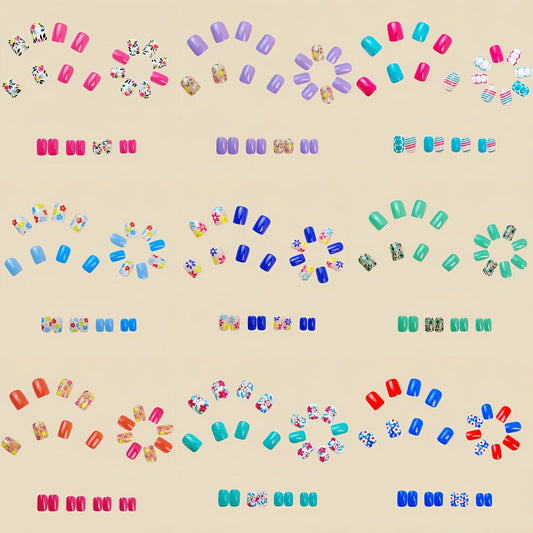 Floral Nail Stickers 216 Pieces 9 Packs Short Press On Nails – Plant Flower Designs Glossy Full Cover False Nails Spring Summer Easy Removable Manicure Set for Women Girls