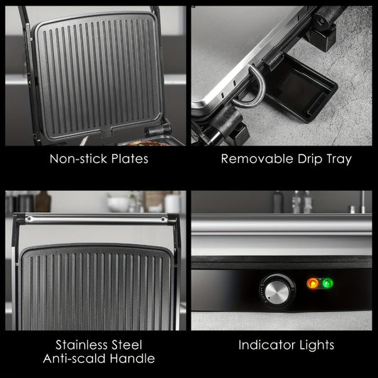 Panini Press Sandwich Maker 1200W – 4-Slice Non-Stick Grill with 180° Opening Adjustable Temperature 120–428°F & Removable Drip Tray | Electric Contact Grill for Sandwiches Steaks Burgers Indoor Use