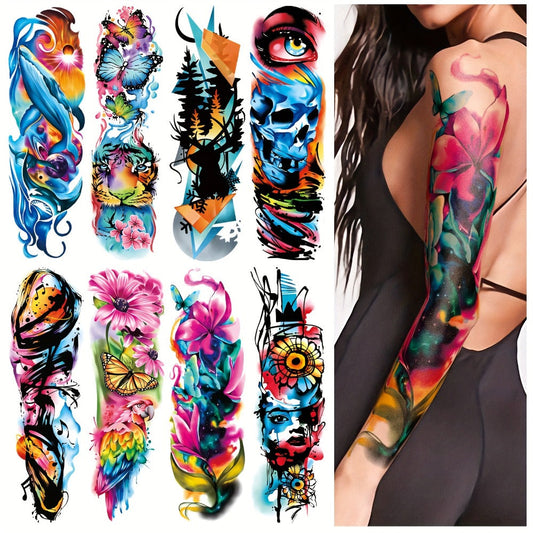 Waterproof Temporary Tattoos Full Arm 46 Sheets Set | Colorful Floral Geometric Portrait Ink Painting Style Body Art Stickers for Women Men Teens | Realistic Long-Lasting Festive Design Pack
