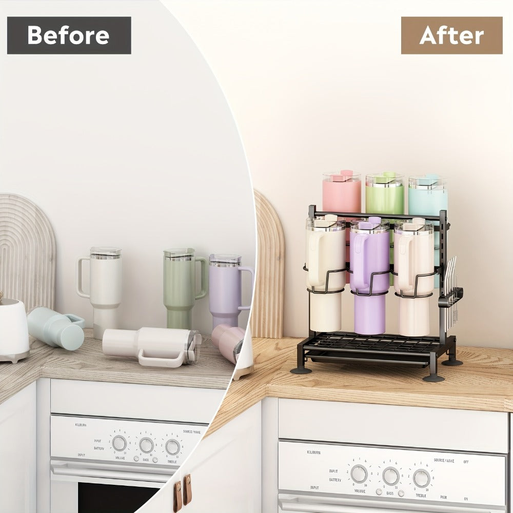 Six-Grid Adjustable Cup and Tumbler Storage Rack with Vertical Dividers, Drip Tray and Countertop Feet