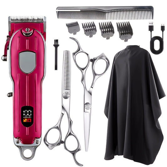 Barber Hair Clipper Kit for Men — USB Rechargeable Digital Size Adjustment, Complete Set with Scissors & 4 Limit Combs, Professional Home Barbering Grooming Set, Gift for Dad & Husband