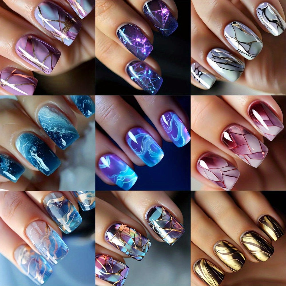 Press On Nails 215-Piece Short Square Nine-Pack Marble Brown Line Gradient Glossy Set with Glue