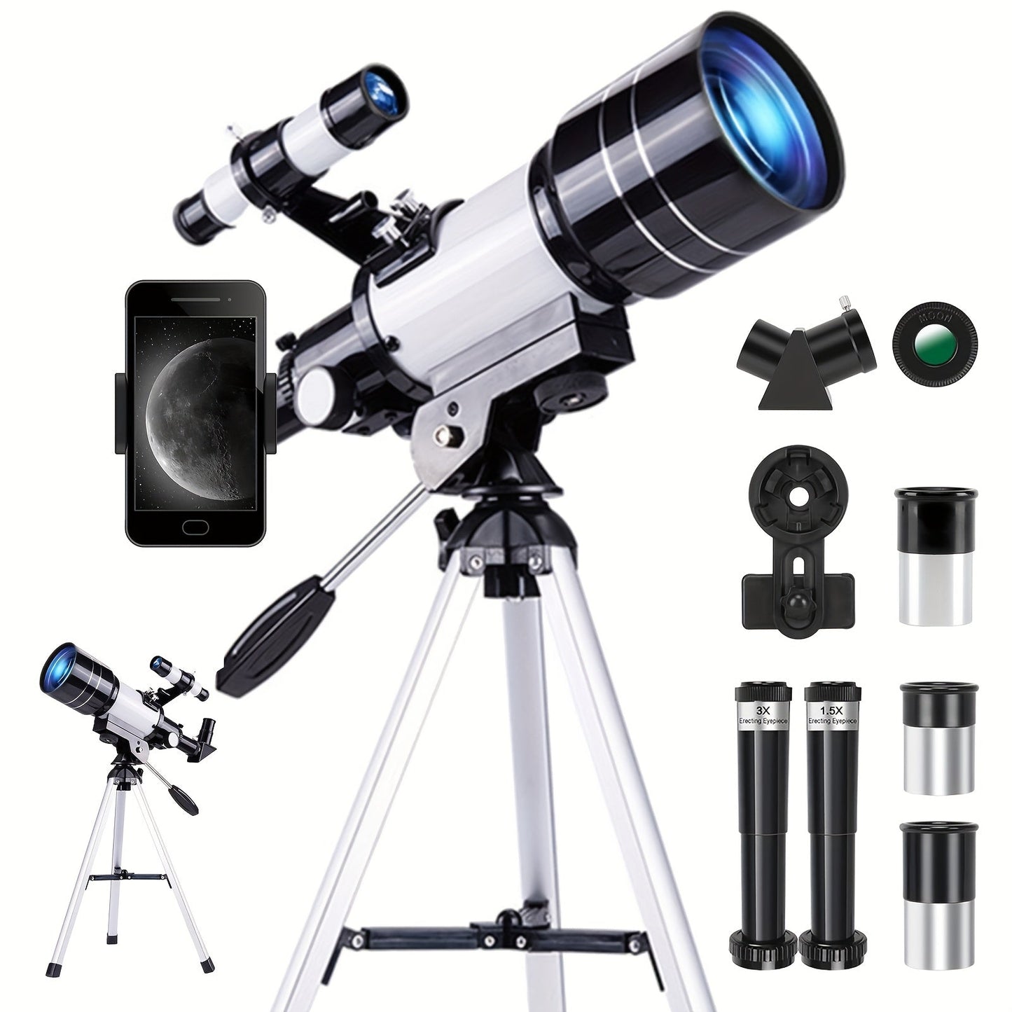 Portable 70 mm Aperture Telescope with Blue or White TS-70300 Models, Tripod, Phone Holder and Eyepieces