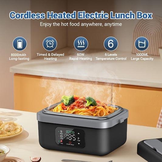 Self-Heating Lunch Box Electric Cordless Food Warmer 1L Portable Rechargeable Heated Lunch Box for Office Car Outdoor 8000mAh Battery