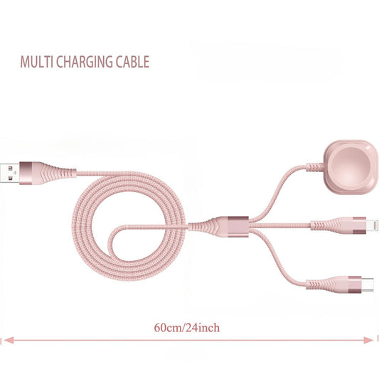 3 in 1 Travel Charging Cable 24 Inch Nylon Braided, Lightning + Type-C + iWatch Magnetic Wireless Charger, Compact Portable Multi Charging Cord for iPhone iPad Android Apple Watch – Pink Short Cable