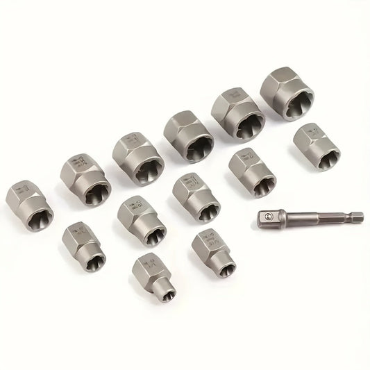 Nut Extractor Kit 14pcs, Damaged Bolt & Nut Remover Set with 13 Stripped Nut Extractors & 1 Hex Socket Adapter, 1/4" to 3/8" Drive Lug Nut Removal Tool for Construction, Auto & Home Repair