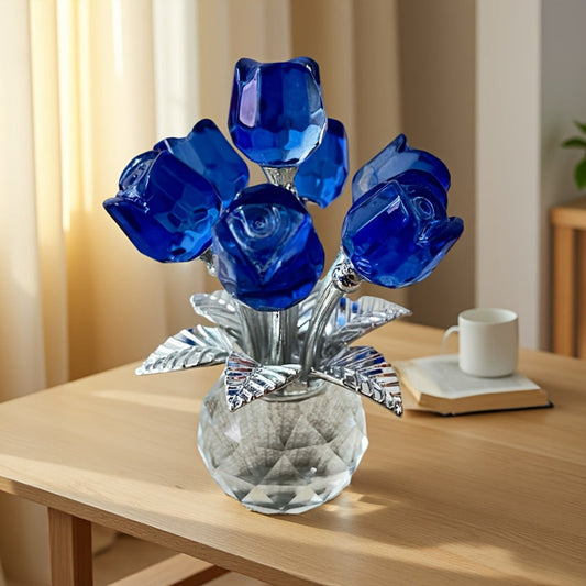Glass Rose Sculpture Floral Home Decor – Sparkling Leaves Art Figurine for Bedroom, Living Room, Valentine's Day Gift