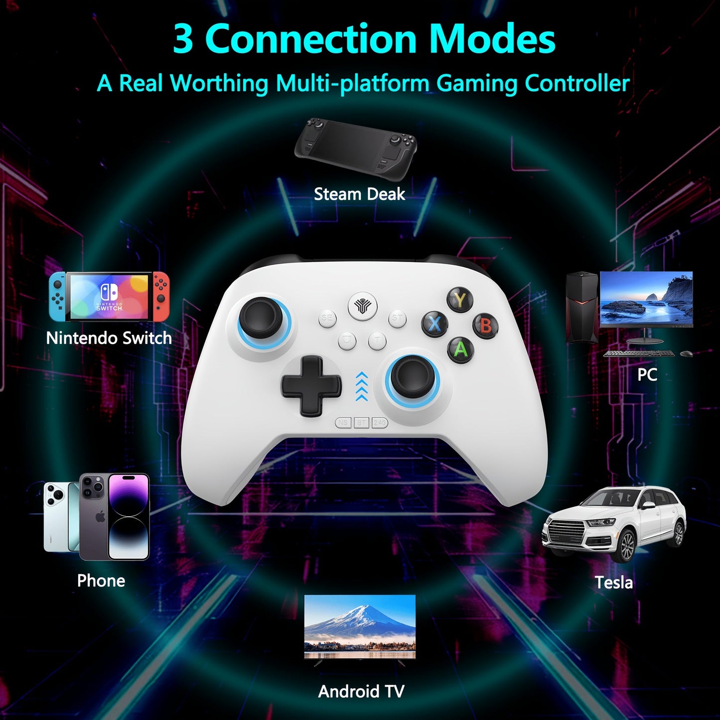 Three-Mode Wireless PC Controller with RGB Lighting, Hall Effect Joystick & Trigger, Programmable Buttons & Vibration for Windows PC, Android, Nintendo Switch & Steam – Not Compatible with Xbox