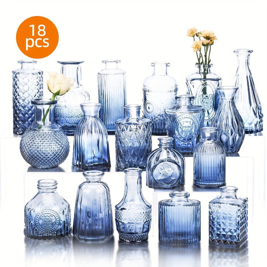Glass Bud Vases Set – Vintage Transparent Small Flower Vases in Graduated Colors for Home, Dining Table, Wedding & Holiday Centerpiece Decoration – 14 or 18 Piece Multi-Size Floral Display Set