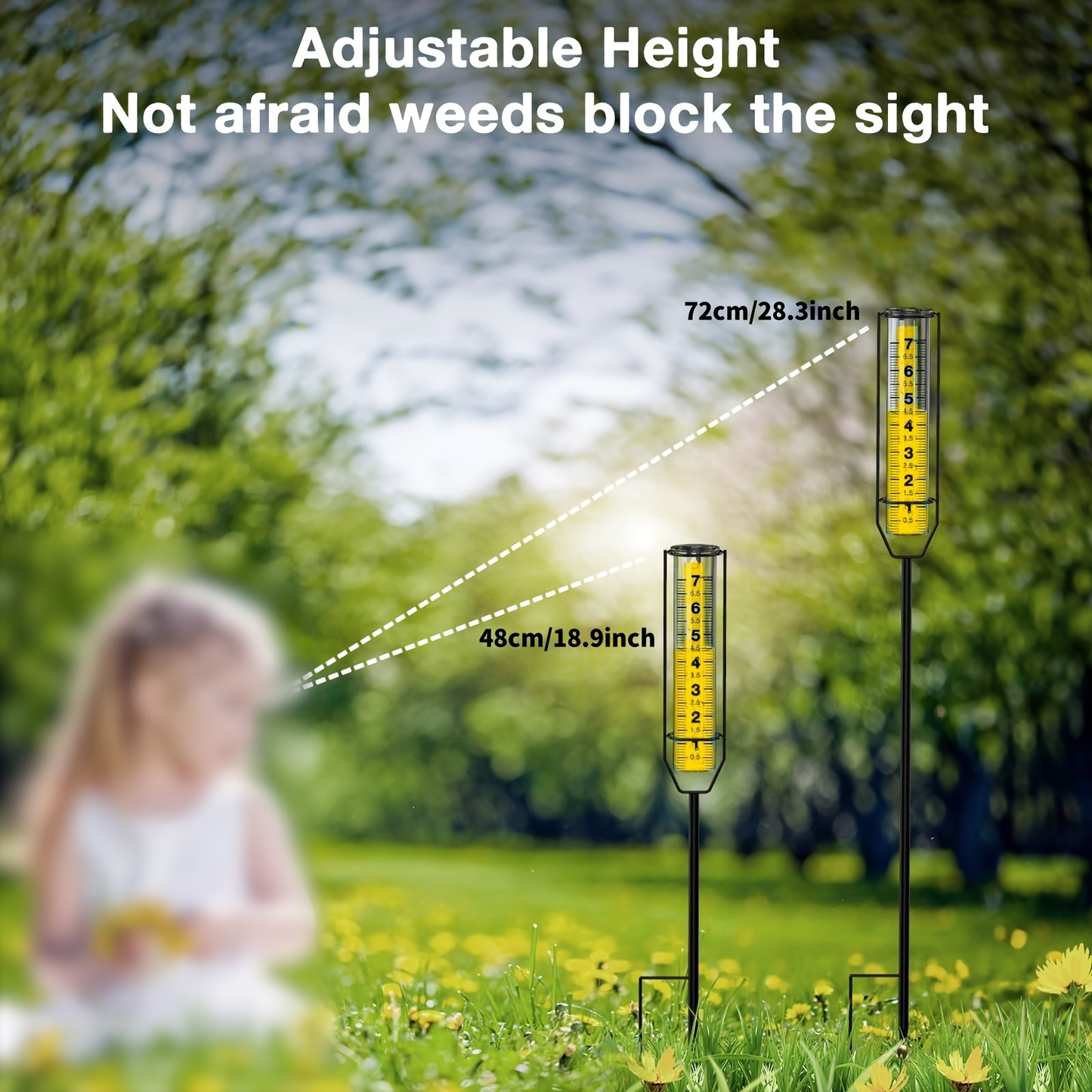 Adjustable Outdoor Rain Gauge with Large Transparent Tube, Metal Frame and 21- to 28-Inch Height Options
