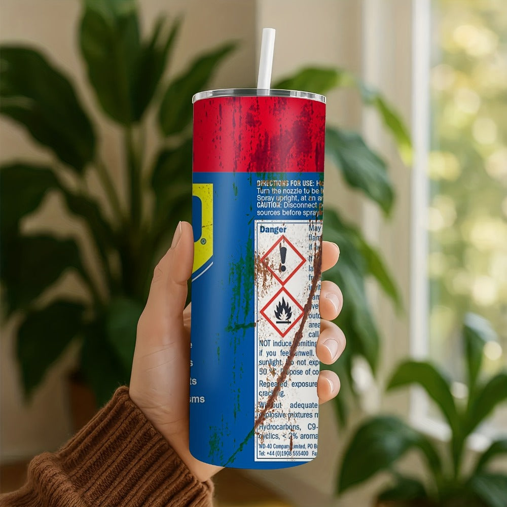 Insulated Tumbler 20oz WD-40 Can-Style Graphic on White Stainless Steel Travel Mug with Lid and Straw