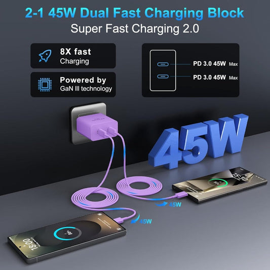 45W Samsung Super Fast Charger USB-C Dual Port Android Fast Charging Block with 10FT Long USB-C Cable for Samsung Galaxy S25 Ultra S25+ S24 Ultra S24 S23 A55 A35 – Purple