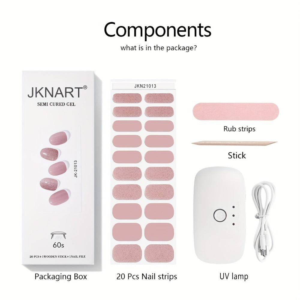 Semi-Cured Nail Sticker Kit with 20 Designs, Portable UV Lamp and Full-Coverage Nail Patches
