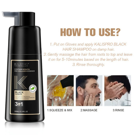 Men's 3-in-1 Black Hair & Beard Dye Shampoo — 8-Minute Gray Coverage, Ammonia-Free Long-Lasting Natural Color, Shampoo + Hair Dye + Beard Dye in One Step, All Hair Types, 10 oz, 1 & 2 Pack