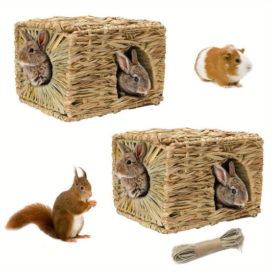 Small Animal Hideout House Folding Woven Straw Hut – Cozy Nest for Rabbit, Hamster, Guinea Pig, Hedgehog & Cat, Plastic Grass Woven, Portable & Foldable Pet Habitat