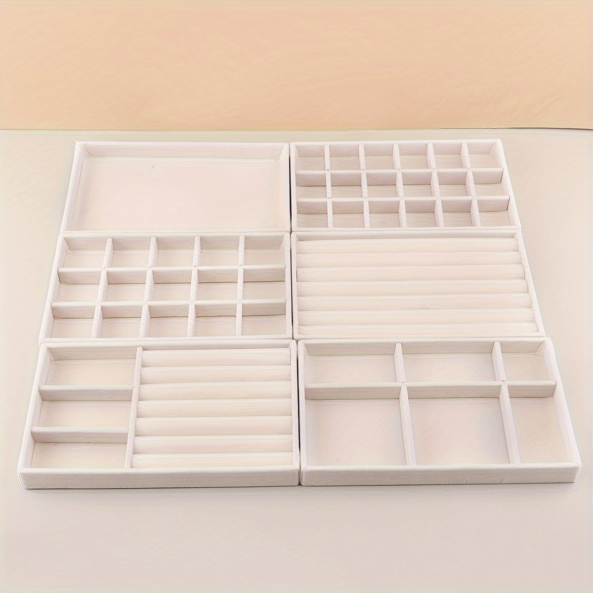 Stackable Jewelry Organizer Trays 6-Piece Set – Rectangular Multi-Compartment Drawer Inserts with Removable Dividers for Earrings, Rings, Necklaces & Bracelets – Tabletop Jewelry Display Case Storage