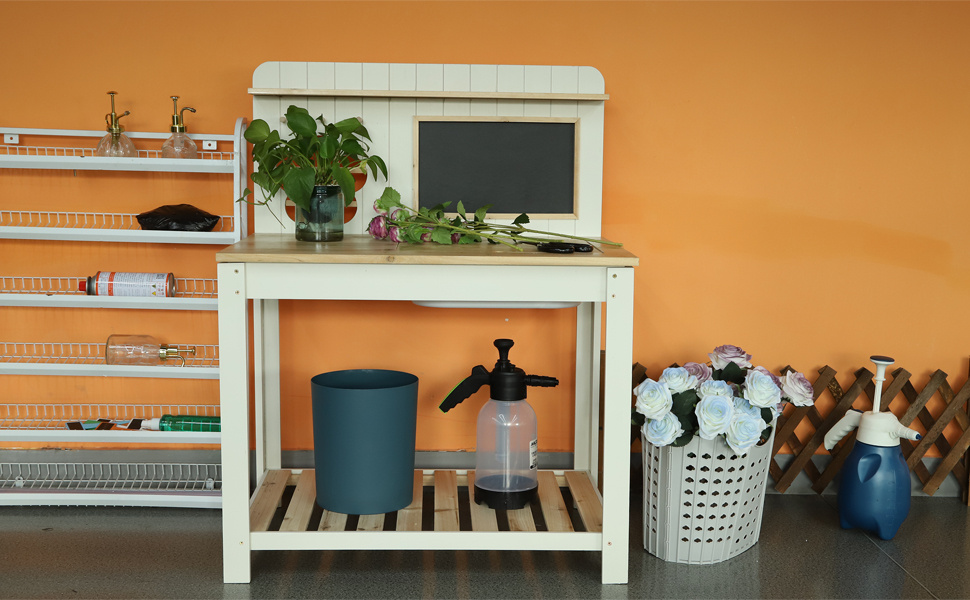 Potting Bench Table Cedar Wood Garden Workstation with Blackboard Removable Sink Hooks Double Shelf for Patio Balcony Courtyard Outdoor Planting Work Bench
