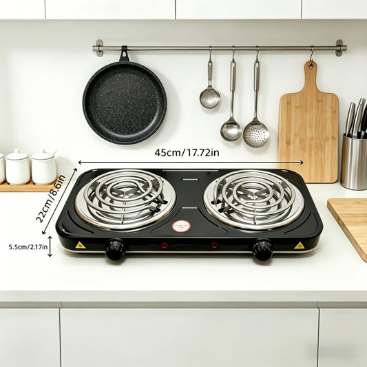 Portable Electric Stove Tabletop Double Burner – Adjustable Rotary Temperature Control, Compact Electric Charcoal Heater for Home, Office, Dorm, Camping, Milk & Coffee Heating, Black