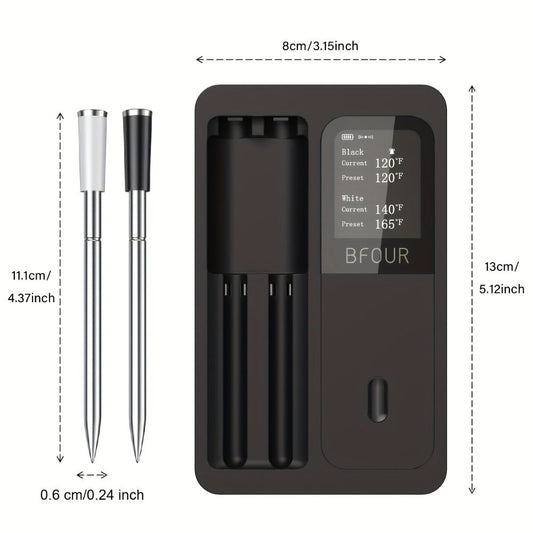 Wireless Meat Thermometer with Dual Probes USB Rechargeable | 2-Probe Digital BBQ Thermometer for Smoker Oven Grill Kitchen | 304 Stainless Steel Food Safe | iOS & Android App Compatible