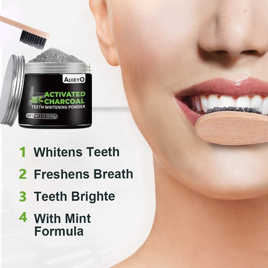 Activated Charcoal Teeth Whitening Powder - Natural Tooth Polish for Deep Cleaning, Plaque Removal & Fresh Breath, Mint Flavor, 60g Daily Use Teeth Brightening Charcoal Powder