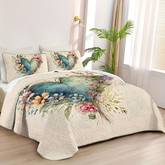 Floral Watercolor Quilt Set – Heart Botanical Print, Soft Breathable Hypoallergenic Bedspread, Twin Full Queen King, All Seasons – Romantic Bedroom Decor