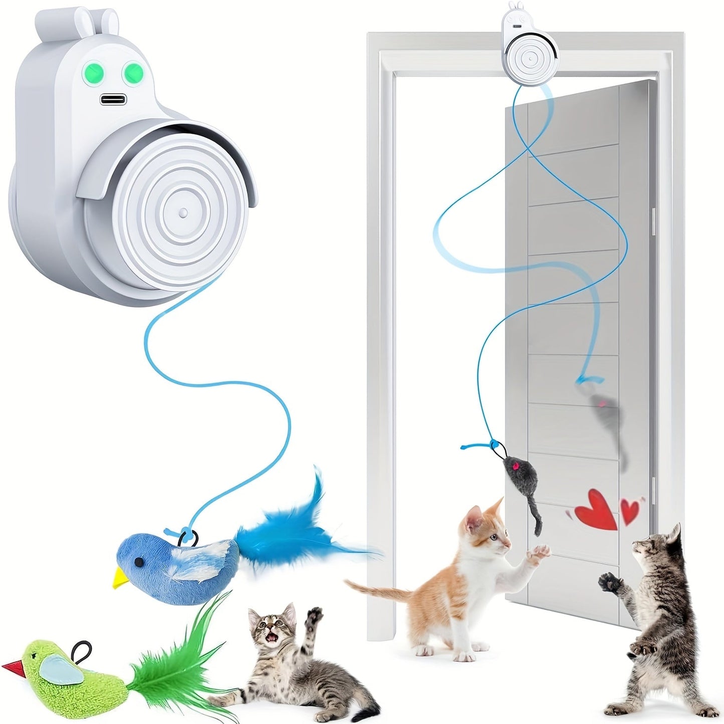Cat Toy Electric Flying Feather with USB Rechargeable Hanging Drive, Stick-On Mount and Three Colors