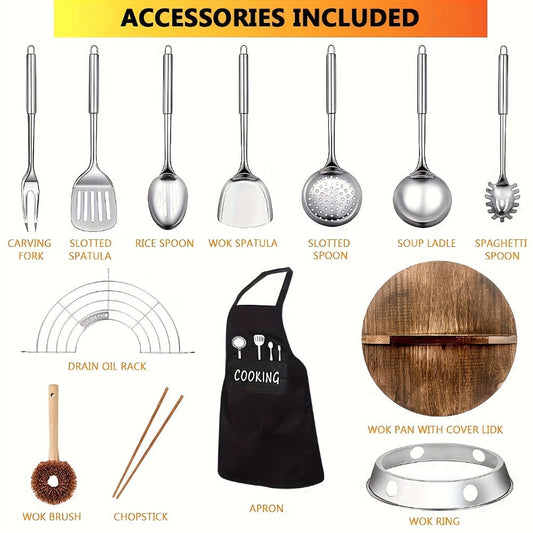 Cast Iron Wok Set 14 Piece 12.6 Inch Flat Bottom Stir Fry Pan with Lid Spatula Accessories - Natural Non-Stick Black Iron Wok for All Stoves Gas Electric Induction Honeycomb Design