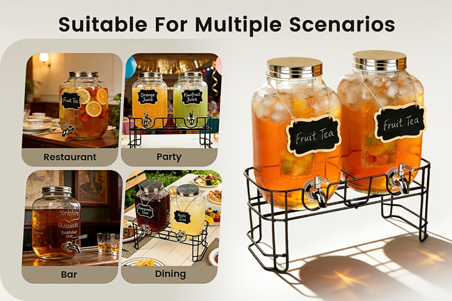 Two 1-Gallon Glass Beverage Dispensers with Spigots and Raised Metal Stand for Parties and Events