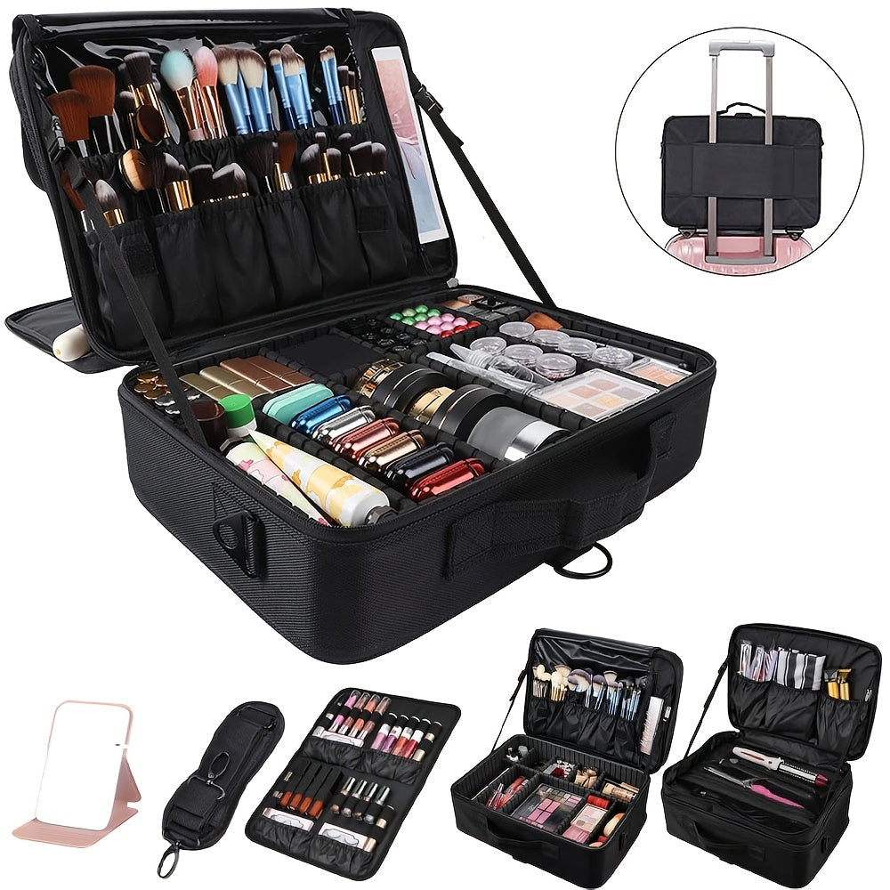 Black 15.8-Inch Soft Makeup Train Case with Three-Layer Interior, Brush Panel and Shoulder Strap