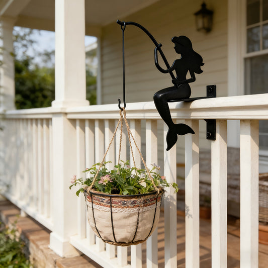 Wall Planter Hanging Iron Art Mermaid Flower Pot Holder for Balcony Vertical Garden - Creative Fisherman Theme Indoor Outdoor Plant Stand Shelf, Boho Wall Decor
