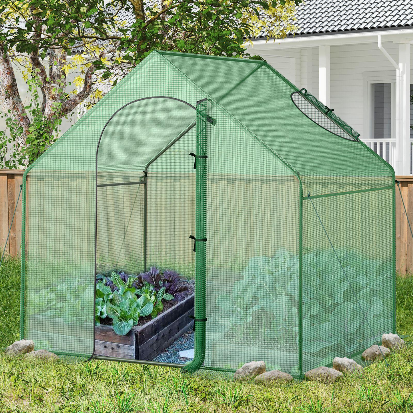 6 x 3 x 5.5-Foot Walk-In Greenhouse with Green Grid Cover, Roll-Up Door and Top Vent Window
