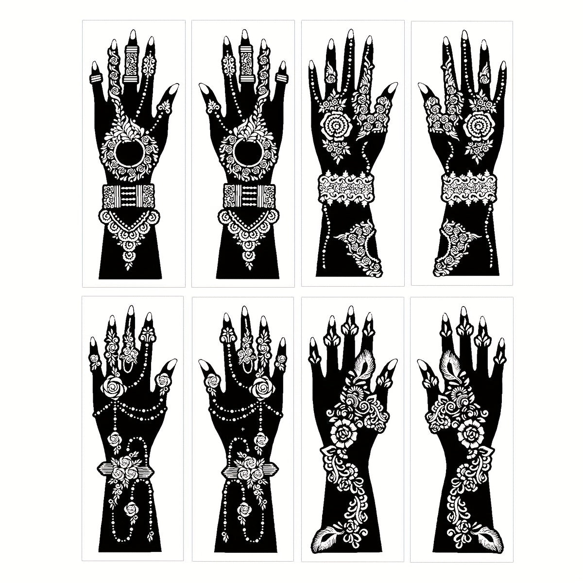 Eight-Piece Hand Tattoo Stencil Set with Long Henna-Style Floral Patterns in SM012 or SM013