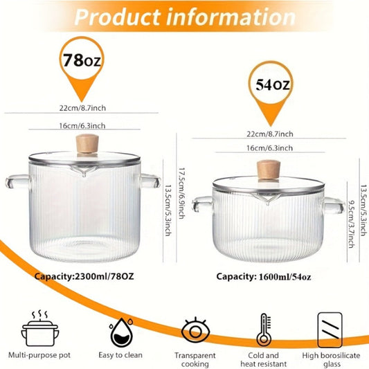 Glass Saucepan Set 2-Pack Stovetop Safe Borosilicate Ribbed Pots with Lids – 78oz & 54oz Heat Resistant Cookware for Soup, Ramen, Milk | Transparent Glass Pot Kitchen Cooking Set with Baking Mat