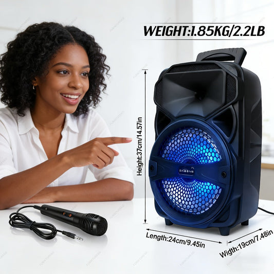 1000W Karaoke Machine with Wireless Bluetooth Party Speaker, 8-Inch Subwoofer, Loud Sound System, FM Radio, EQ Mode, Strobe Lights, Wired Microphone & Remote Control for Adults and Kids