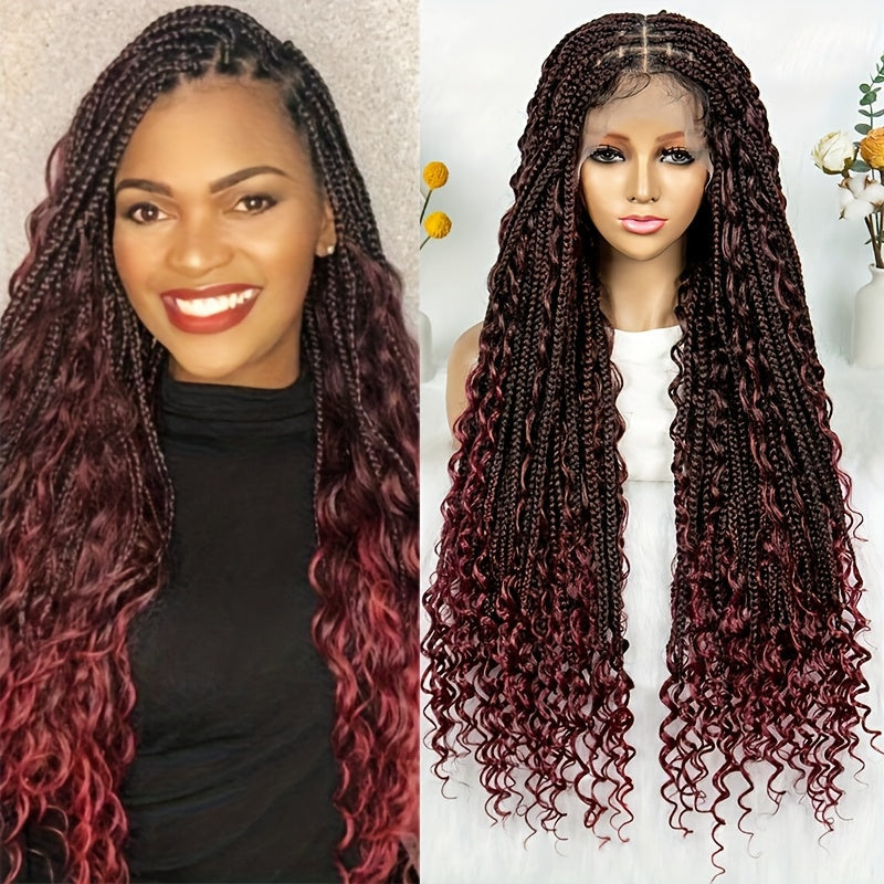 Thirty-Six-Inch Bohemian Square-Braid Wig with Curly Ends and Four Black, Blonde or Burgundy Options