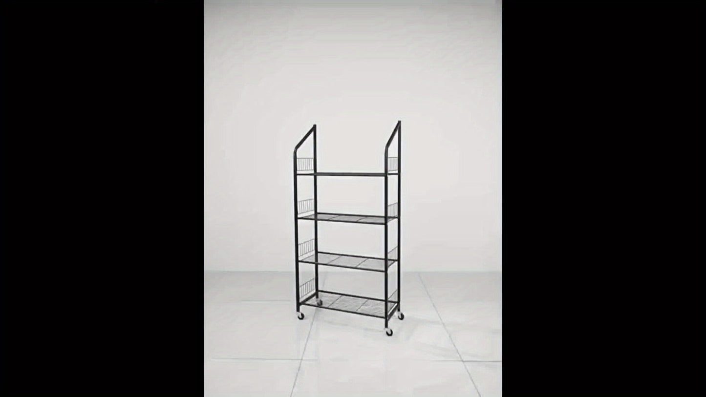 Four-Tier Rolling Display Rack with Wire Basket Shelves, Top Sign Panel and Exact 55 by 24 by 11 Option