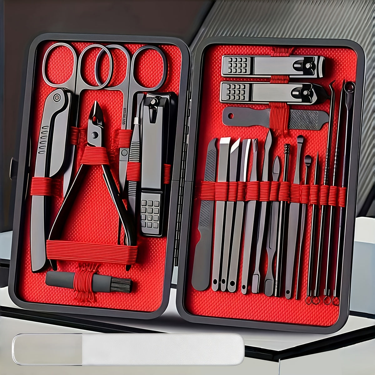 Nail Grooming Tool Case with 10-, 17- or 24-Piece Set Options and Black-and-Red Interior for Home and Travel