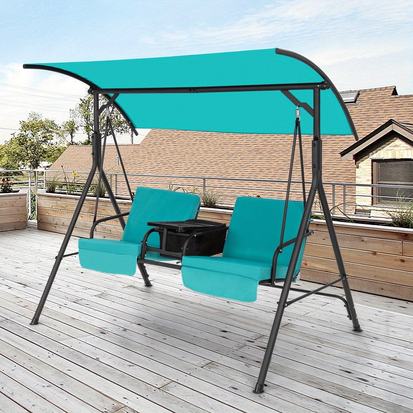 Two-Person Patio Canopy Swing with Cooler Bag, Rotating Tray and Cushions in Beige or Turquoise