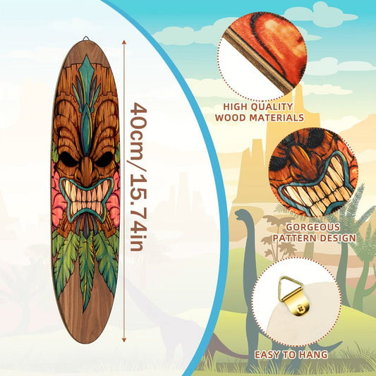 Wooden Surfboard Wall Art 15.74" – Rustic Tropical Beach Decor with Hibiscus & Tiki Mask Design, Frameless Recycled Wood Wall Hanging for Hawaiian Bar, Home, Summer & Vacation Theme Decor