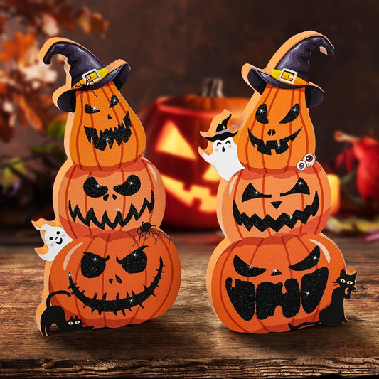 Halloween Tiered Tray Decor Set of 2 – Glittery Wooden Pumpkin Stack with Witch Hat, Spooky Centerpiece for Autumn & Fall Home Decoration, Halloween Tabletop Ornament & Seasonal Tiered Tray Accessory