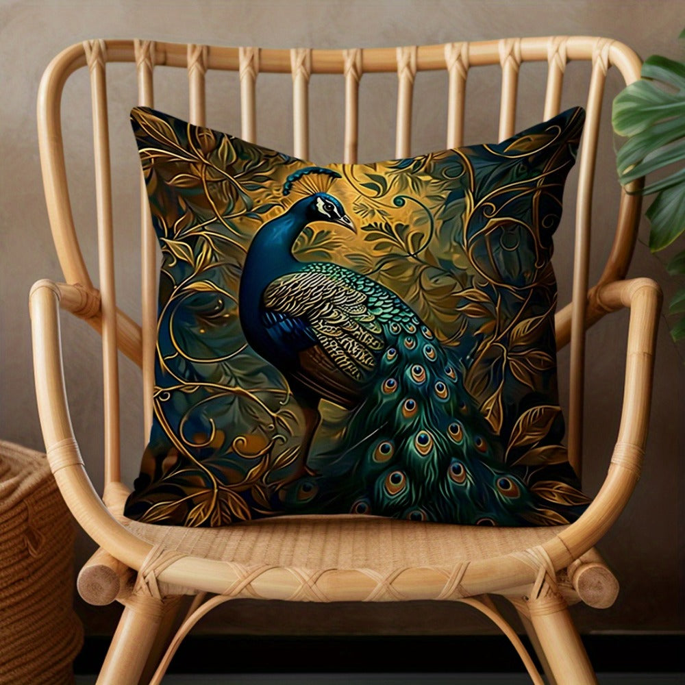 Vintage Peacock Throw Pillow Covers, Set of Four 18 x 18-Inch Short-Plush Cases with Zipper Openings