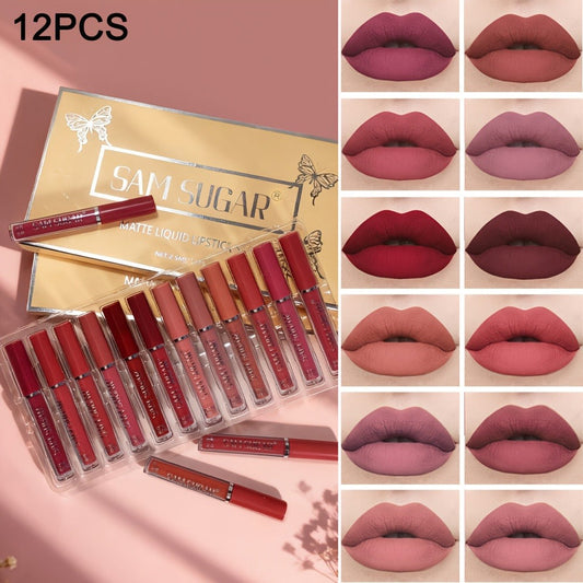 Matte Lip Gloss Set 12-Piece – Long Lasting Waterproof Liquid Lipstick, No Spillage Sweat-Proof Color-Resistant Velvety Finish, Lip Makeup Gift Set for Women