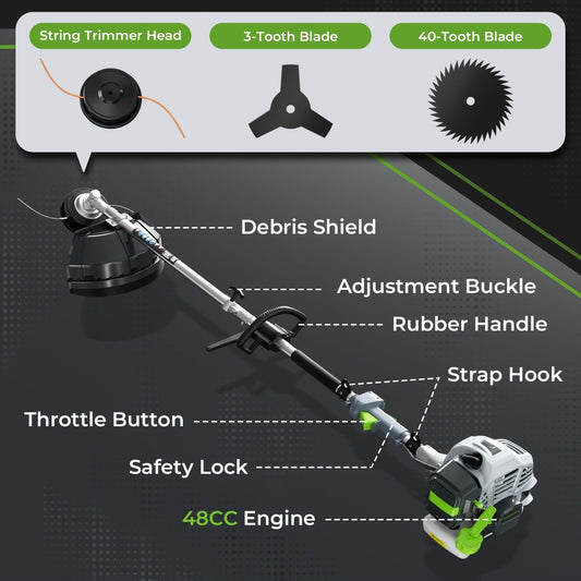 Gas String Trimmer 3-in-1 – 36CC/48CC/52CC 2-Stroke Brush Cutter & Weed Wacker with String Head, 3T Blade & 40T Circular Blade, Backpack Option