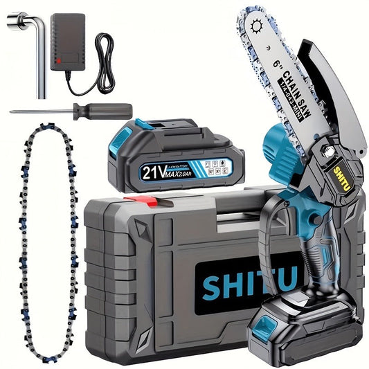 Handheld Electric Chainsaw – Mini Cordless Portable Tree Cutter with Splash Guard, Security Lock, Rechargeable Battery Options, Garden & Yard Gift for Men