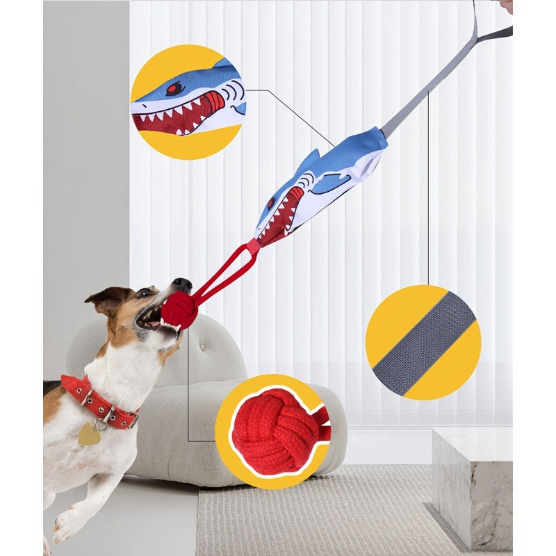Dog Toy Rope Tug with Knotted Squeaky Ball in Camouflage, Corn, Eagle or Shark Designs for Larger Dogs