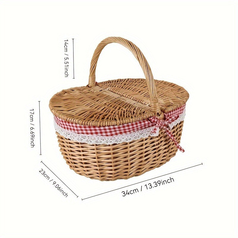 Willow Picnic Hamper Basket with Hinged Lid, Carry Handle and Red Checkered Textile Lining