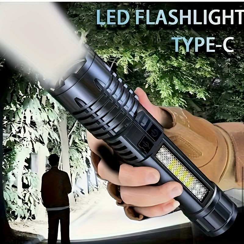 Flashlight Fresnel Lens Rechargeable Torch with 26650 Battery, USB-C Charging and Warning Tail Light