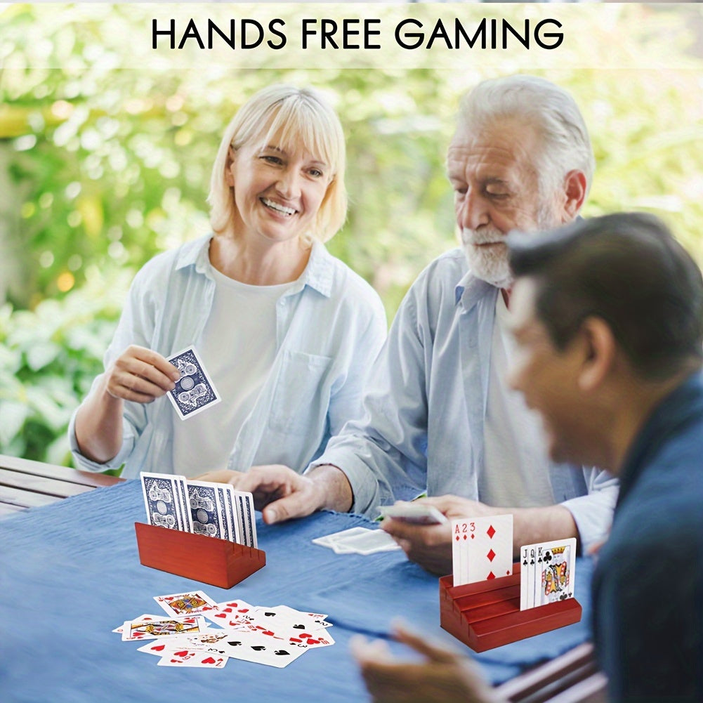 Two-Piece Wood-Look Playing Card Holder Set with Four Ascending Slots and Capacity for Up to 40 Cards Each