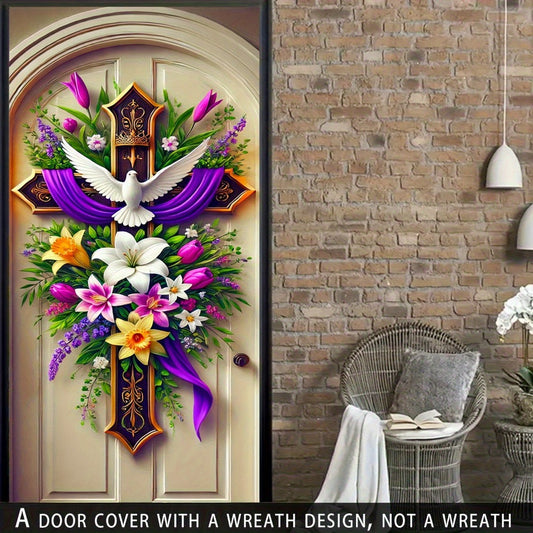 Easter Door Curtain Decoration 35.4x70.8 Inch, Colorful Spring Door Hanging with Dove Floral Cross Pattern, Polyester 2D Flat No-Power Door Curtain Set for Entrance Room Home Party Easter Decor