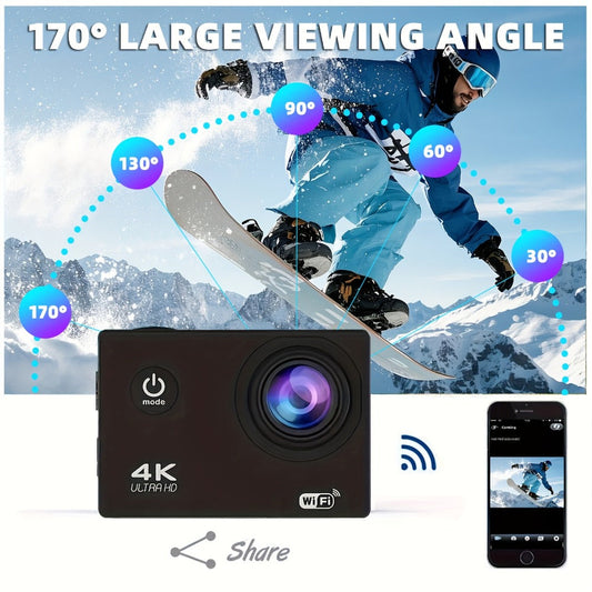 WiFi Action Camera 4K with Remote Control Kit & 32GB Card – 170° Ultra-Wide Angle, 2" Display, Auto Focus, Waterproof Case for Outdoor Sports, Vlogging, Travel & Father's Day Gift